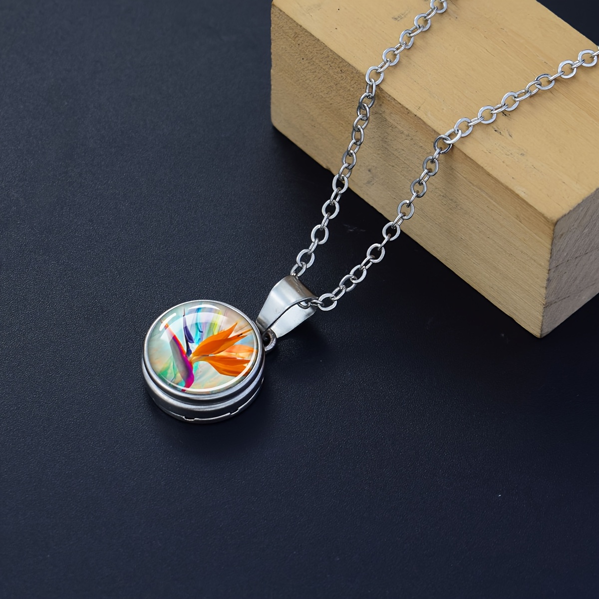 Tropical Flower Design Dome Glass Button Necklace